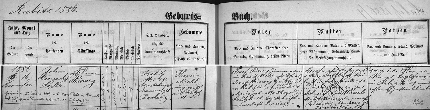 Záznam vimperské křestní matriky o narození Johanna Kiewega s pozdějším přípisem o jeho svatbě