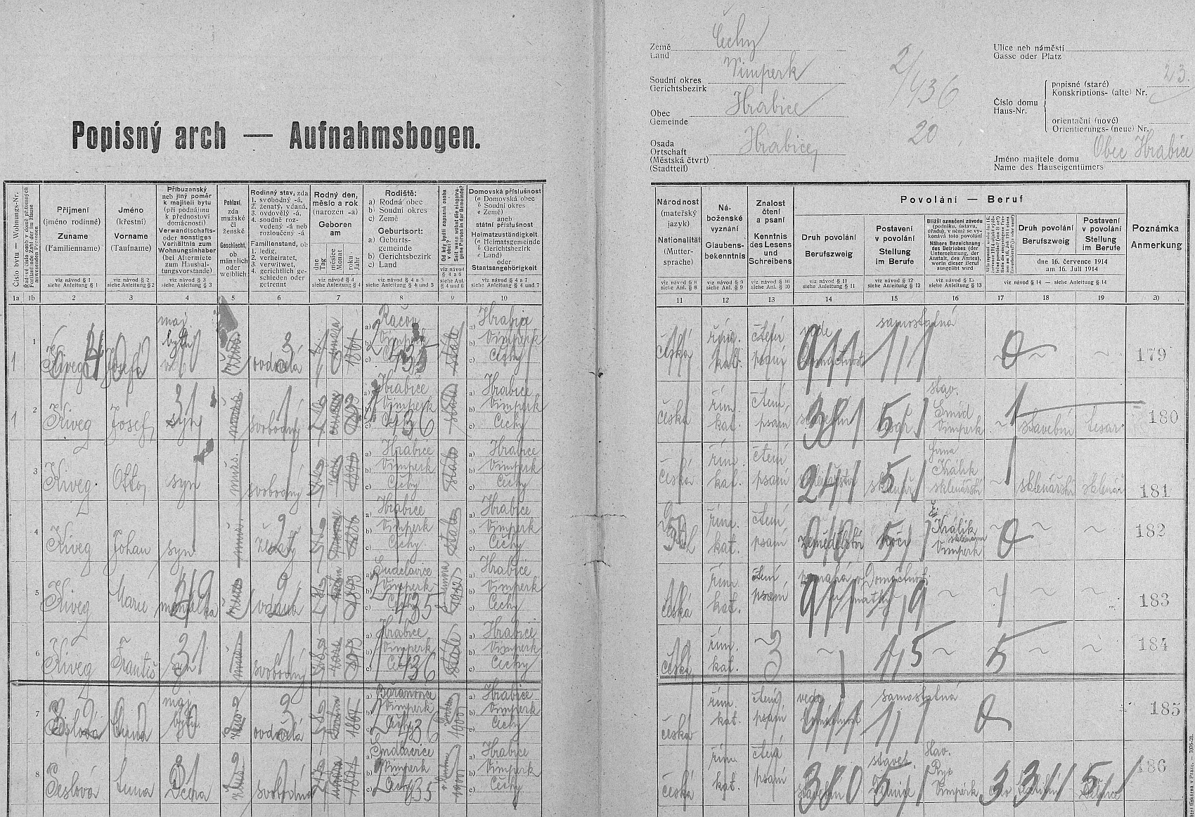 Arch sčítání lidu z roku 1921 stavení čp. 23 v Hrabicích