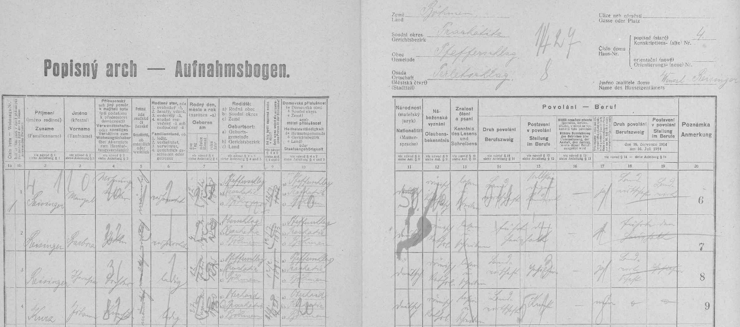 Arch sčítání lidu z roku 1921 pro stavení čp. 4 v Perlovicích s rodinou
Reisingerovou, kam se přiženil