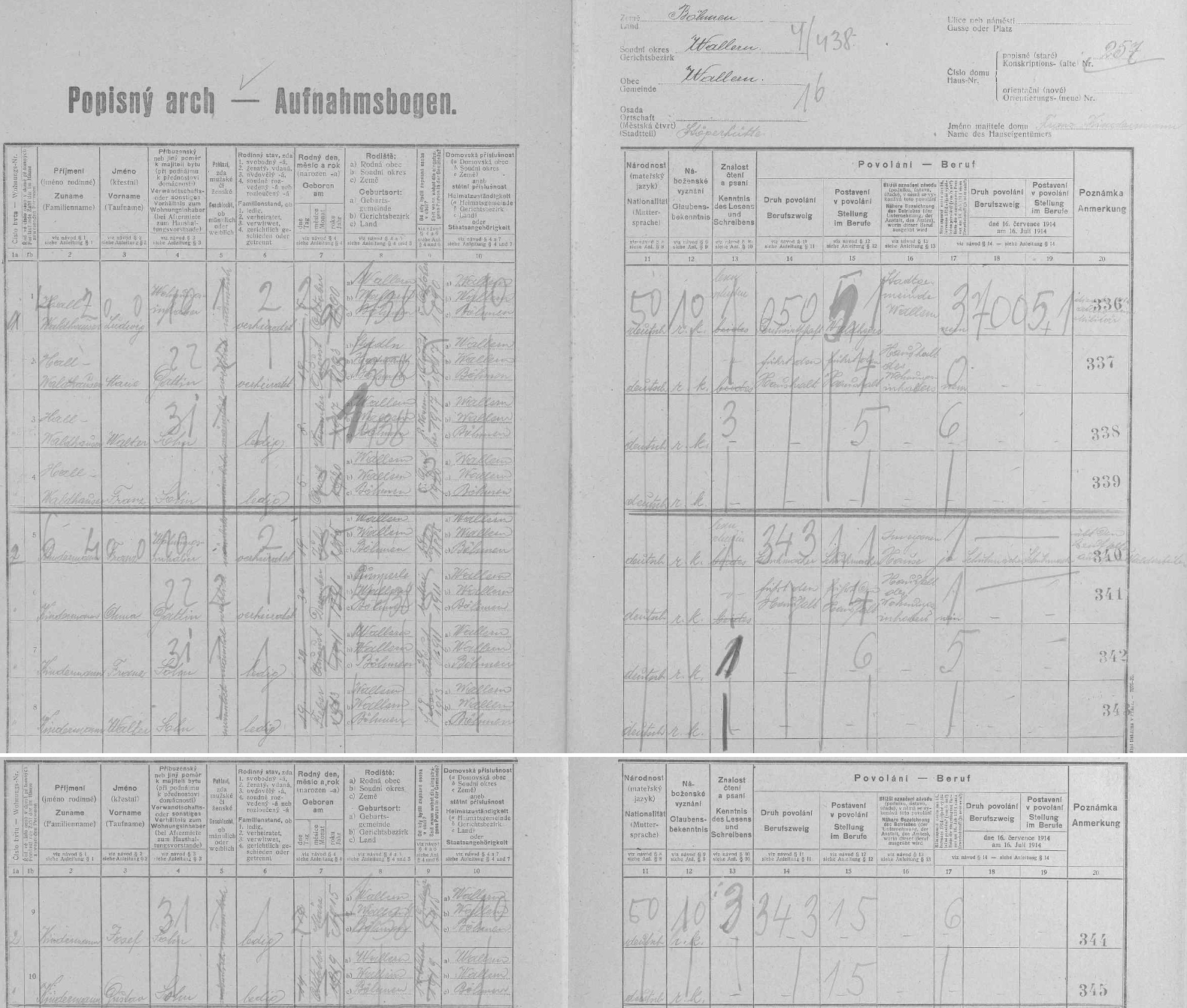 Archy sčítání lidu z roku 1921 pro stavení čp. 257, kde mezi syny Franze a Anny Kindermannových figuruje i on, tehdy ani ne dvouletý