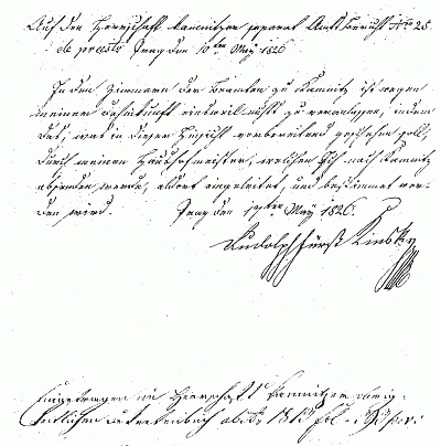 Jím podepsaný německý pokyn úředníkům panství v České Kamenici, datovaný dnem 10. května 1826