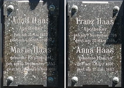 Hrobka lékárnické rodiny Haasovy sousedí na hřbitově u sv. Otylie v Českých Budějovicích s hrobkou Taschekových