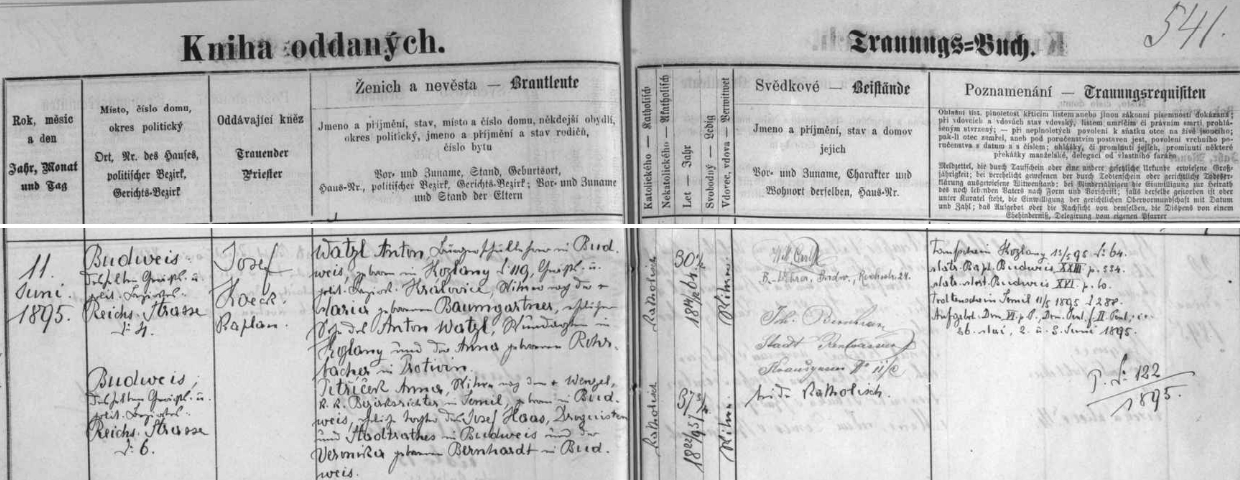 Záznam českobudějovické oddací matriky z června roku 1895 o svatbě třicetiletého vdovce Antona Watzla, jejího děda, se sedmatřicetiletou vdovou Annou Petříčkovou, dcerou lékárníka Josefa Haase