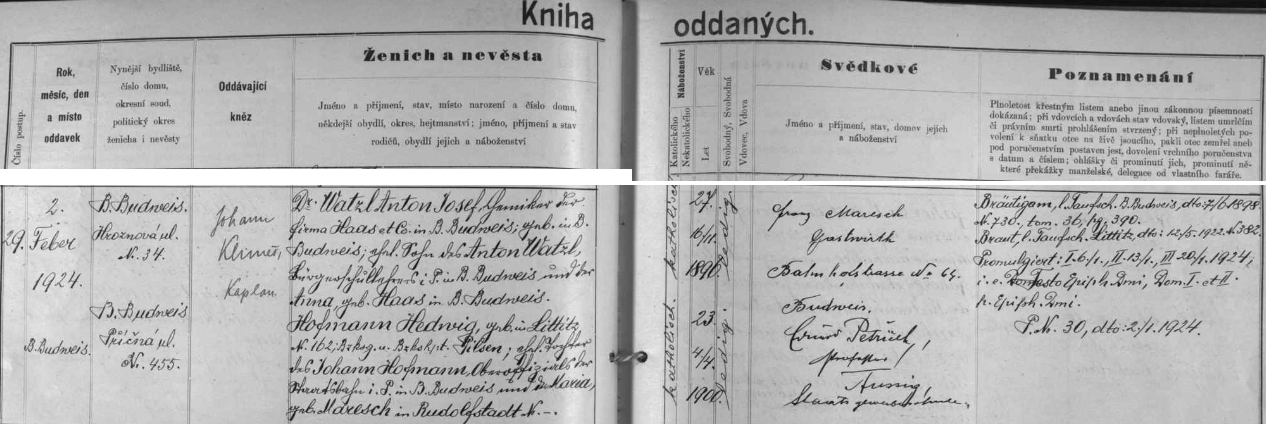 Záznam českobudějovické oddací matriky o svatbě jejích rodičů 29. února 1924 - maminka Hedwig, narozená 4. dubna roku 1900 v Liticích (dnes městský obvod Plzeň 6), byla dcerou Johanna Hofmanna, vrchního oficiála státních drah na penzi, a Marie, roz. Mareschové z Rudolfova