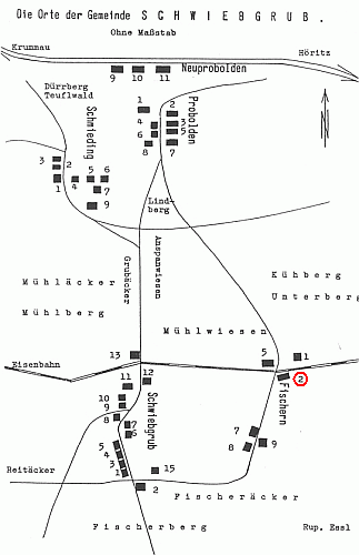 Plánek obce Svíba i s třemi jejími osadami, kde v čp. 2 té jménem Stěžerov (Fischern) poprvé spatřil světlo světa, načrtl Rupert Essl