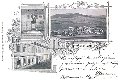 Rodné Hartmanice na staré pohlednici zdejšího nakladatelství Hermann Rankl