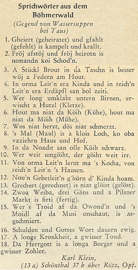 Šumavské nářeční přísloví z okolí Nemanic s jeho jménem a někdejší adresou ze stránek krajanského měsíčníku z roku 1953