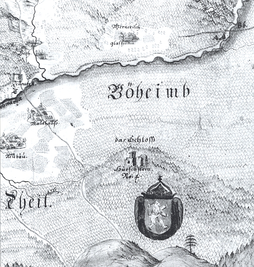 Hrad Starý Herštejn na mapě z roku 1715, kde hranici mezi Čechami
a Horní Falcí tvoří Nemanický potok (Schwarzbach)