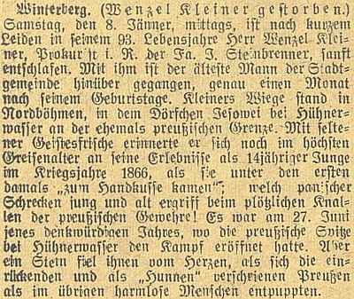 Zpráva o jeho úmrtí v českobudějovickém německém listu, i zde jako tak často jinde chybně se dvěma "nn" v příjmení Steinbrener