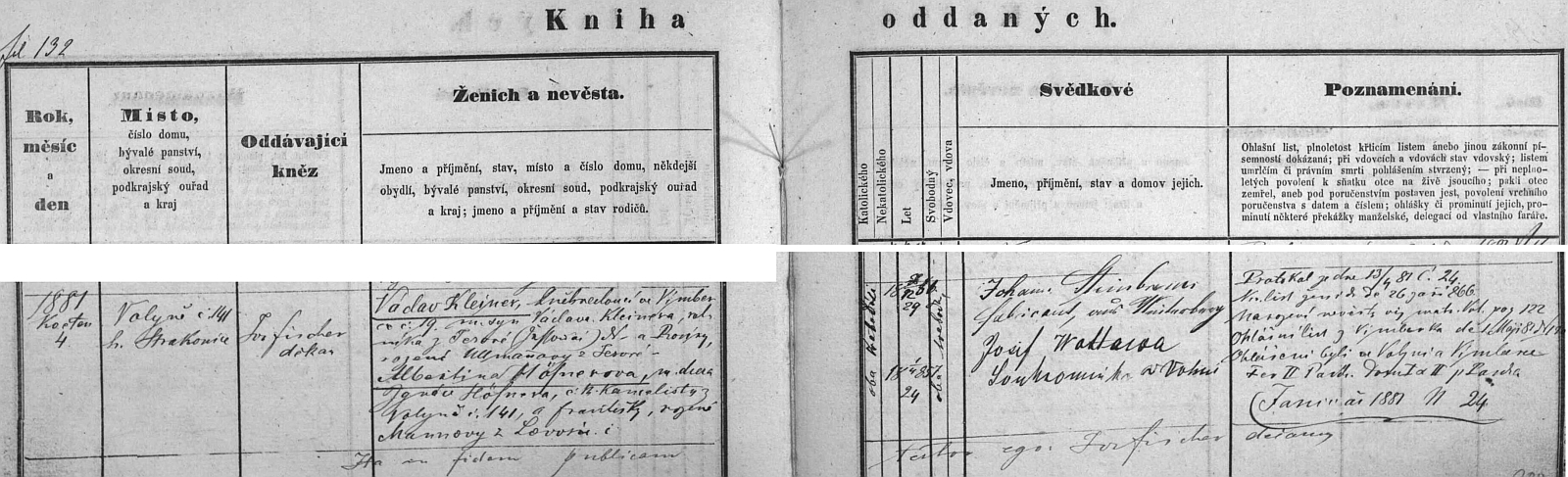Záznam o jeho svatbě ve volyňské knize oddaných s podpisem svědka Johanna Steibrenera