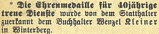 V roce 1912 byl oceněn medailí za 40 let věrných služeb pro Steinbrenerovu tiskárnu