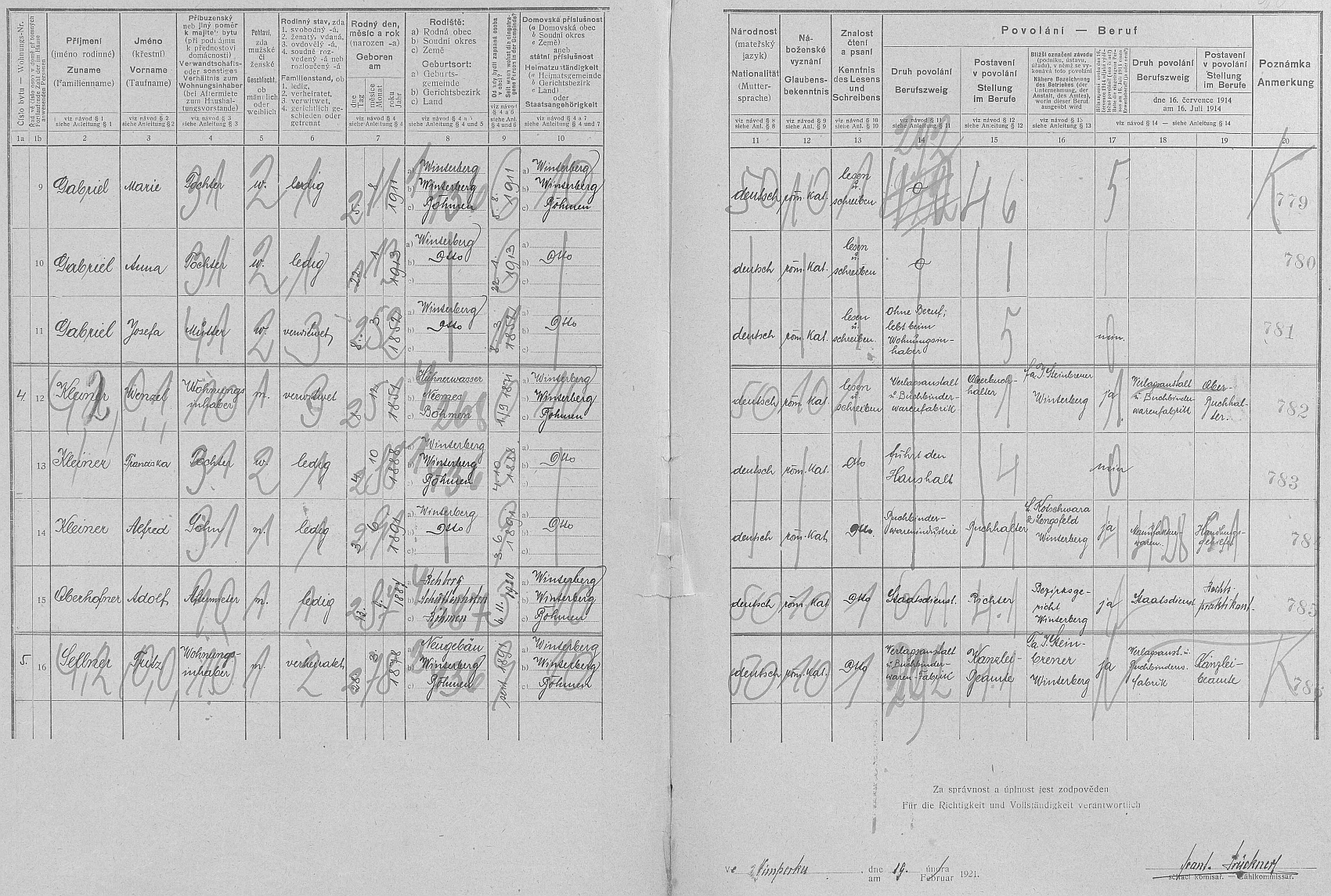 Druhá strana archu sčítání lidu z roku 1921 pro dům čp. 200 na vimperském předměstí s Kleinerovou rodinou