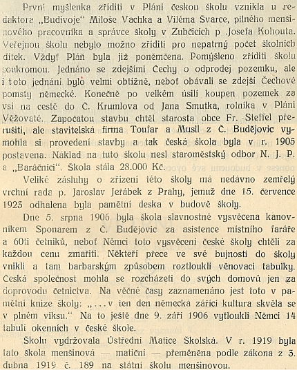 O stavbě české školy ve Věžovaté Pláni, kde byl jinak "nepatrný počet školních dítek"