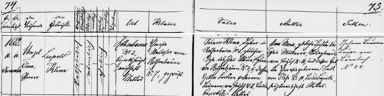 Záznam křestní matriky farní obce Červené Dřevo o jeho narození 10. listopadu roku 1882 (téhož dne byl tu i pokřtěn) v rodině zdejšího učitele Johanna Klimy (jeho otec Johann Klima rovněž vykonával učitelské povolání, matka Barbara byla roz. Baumannová ze Srubů /Heuhof/) a jeho ženy Anny Marie, dcery Johanna Multerera ze Srubů čp. 16 a Theresie, roz. Seidlové z Pláně (Plöß) čp. 10