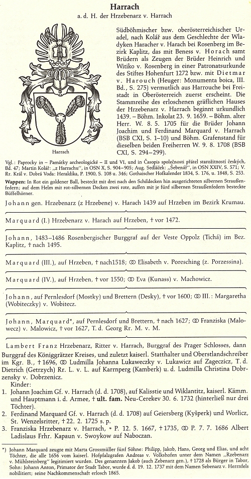 Rozrod "šumavských" Harrachů podle doplňkového svazku genealogické příručky vymřelých českých panských rodů,
 vydaného v Mnichově roku 1990 vědeckou institucí Collegium Carolinum v nakladatelství Oldenbourg