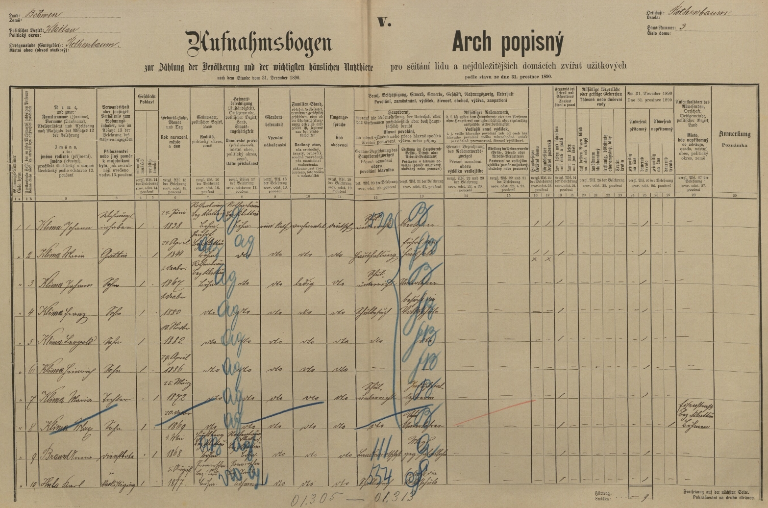 Arch sčítání lidu z roku 1890 s rodinou Klimových v Červeném Dřevě, stavení čp. 3