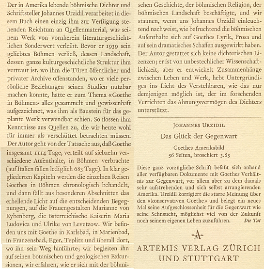 Obálka vzorného švýcarského vydání knihy Johannese Urzidila o Goethových pobytech v Čechách (Artemis Verlag)