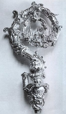 Hroznatovo pedum - stříbrná opatská berla chebské práce z roku 1750 s figurálním zobrazením Hroznatovy legendy