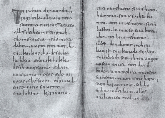 Starohornoněmecké zpovědní formule z rukopisu Poenitentionale ve fondu tepelské klášterní knihovny, bavorský původ rukopisu se časově určuje někdy do okolí roku 830