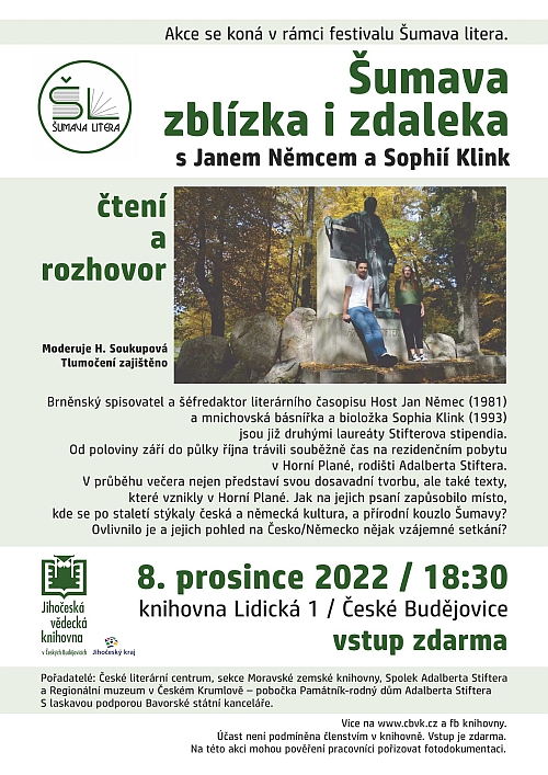 Plakát ze společného čtení v Českých Budějovicích