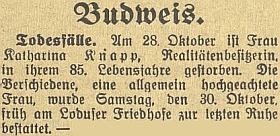 Zpráva o úmrtí jeho matky 28. října 1937, jak ji přinesl místní tisk