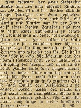 K úmrtí jeho matky se objevil v tisku i tento ohlas, označující zesnulou za jednu z řad "starobudějovických patricijů"