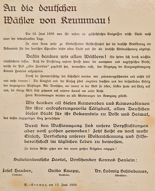Jako volební lídr tu oslovuje českokrumlovské německé voliče na letáku SdP k volbám roku 1938