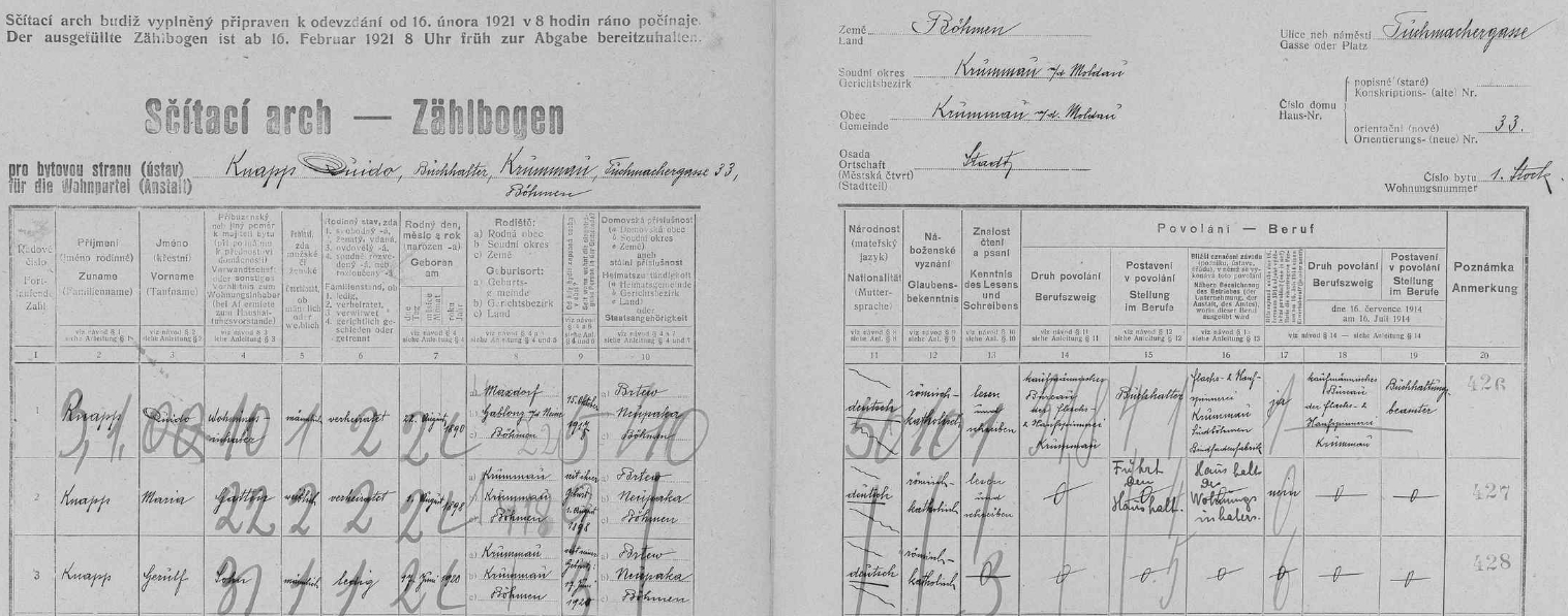 Arch sčítání lidu pro českokrumlovský dům čp. 33 v Soukenické ulici, kde Knapp obýval byt v 1. poschodí s manželkou Marií a se synem Gerulfem