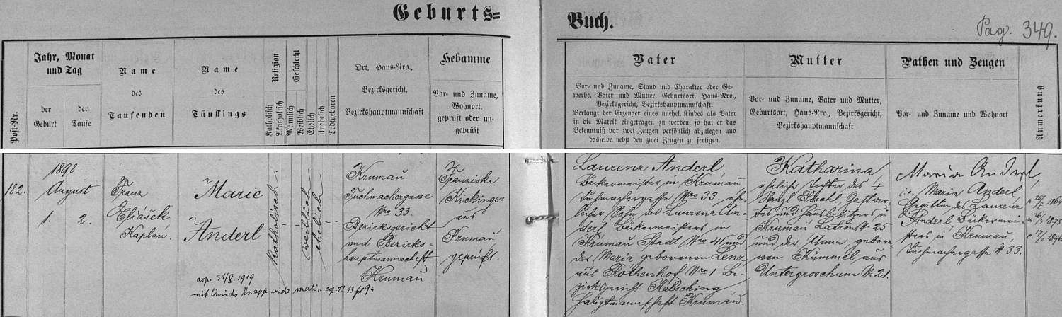 Záznam českokrumlovské křestní matriky o narození jeho ženy Marie Anderlové s pozdějším přípisem o její svatbě