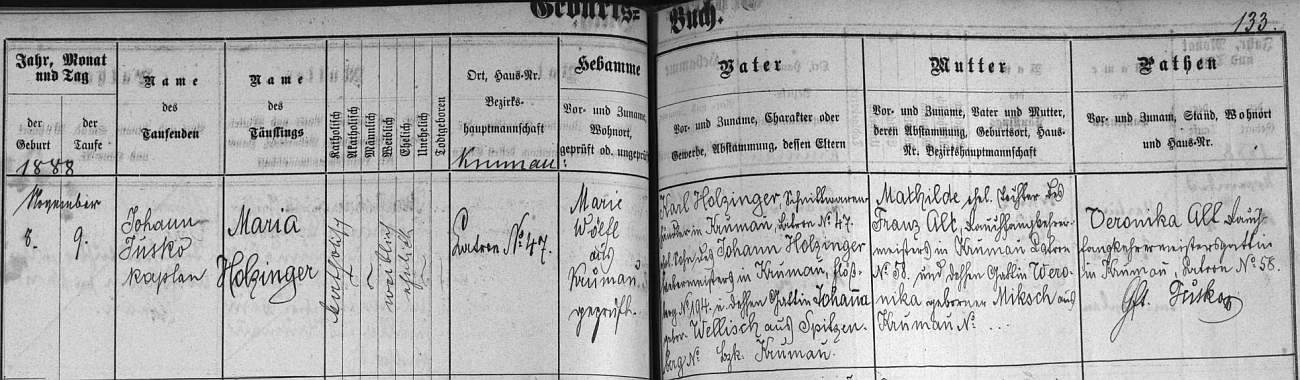 Záznam českokrumlovské křestní matriky o narození Marie Holzingerové
