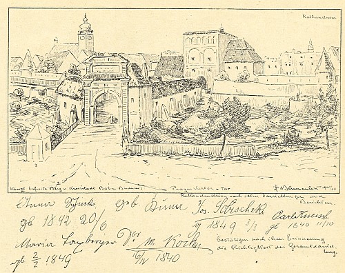 Jeho podpis mezi ostatními tu má dosvědčit původní vzhled barbakánu u Pražské brány v Českých Budějovicích, demolované roku 1867 - autor kresby Friedrich Blumentritt nad malou věžičku vpravo připsal "Rathausturm", tj. "radniční věž"