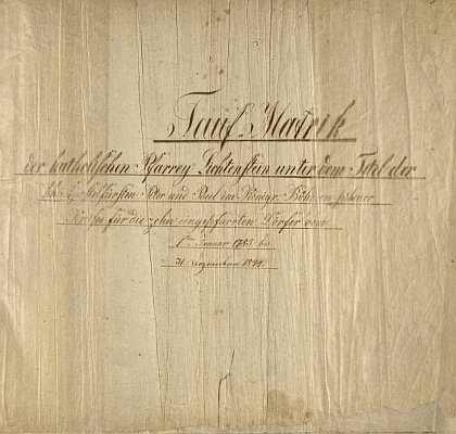 itulní list svazku křestní matriky farní obce Líšťany (Lichtenstein) se záznamem o otcově narození