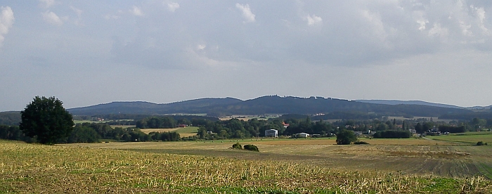 Kraj pod Blanským lesem - vpředu mezi stromy Záboří, nad ním pod Skalkou prosvítají stavení Holašovic,
vlevo Švelhán (721m n.m.) a napravo na obzoru hřeben Kleti