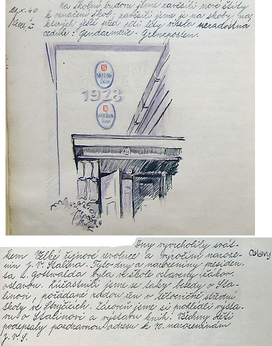 Záznam školní kroniky z Holašovic o tom, jak na "jubilejní" českou školní budovu z roku 1928, sloužící za války jako post německé pohraniční policie, byly roku 1949 pověšeny nové tabule, označující sem umístěnou "národní" a také "mateřskou" školu, obou ovšem působících  v duchu přikázaně "stalinském"