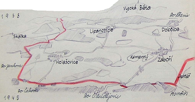 V holašovické školní kronice nacházíme v roce 1950 zakreslený průběh "říšské" hranice v letech 1938-1945, jak se jevil při pohledu asi z Vosího vrchu nad rybníky Posměch a Dehtář směrem k Vysoké Bětě, na vrcholu s jakousi věží