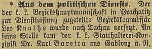 ... stal se okresním komisařem v Prachaticích a od března roku 1918 v Tachově