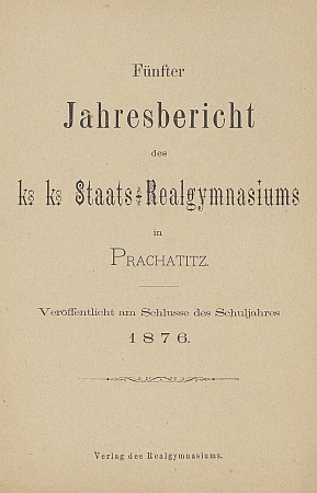 Titulní list a úvod jeho textu ve výroční zprávě prachatického gymnázia