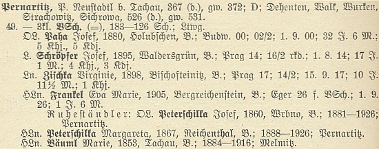 Seznam učitelů německé školy v Bernarticích, kde ještě figuruje pod svým dívčím jménem