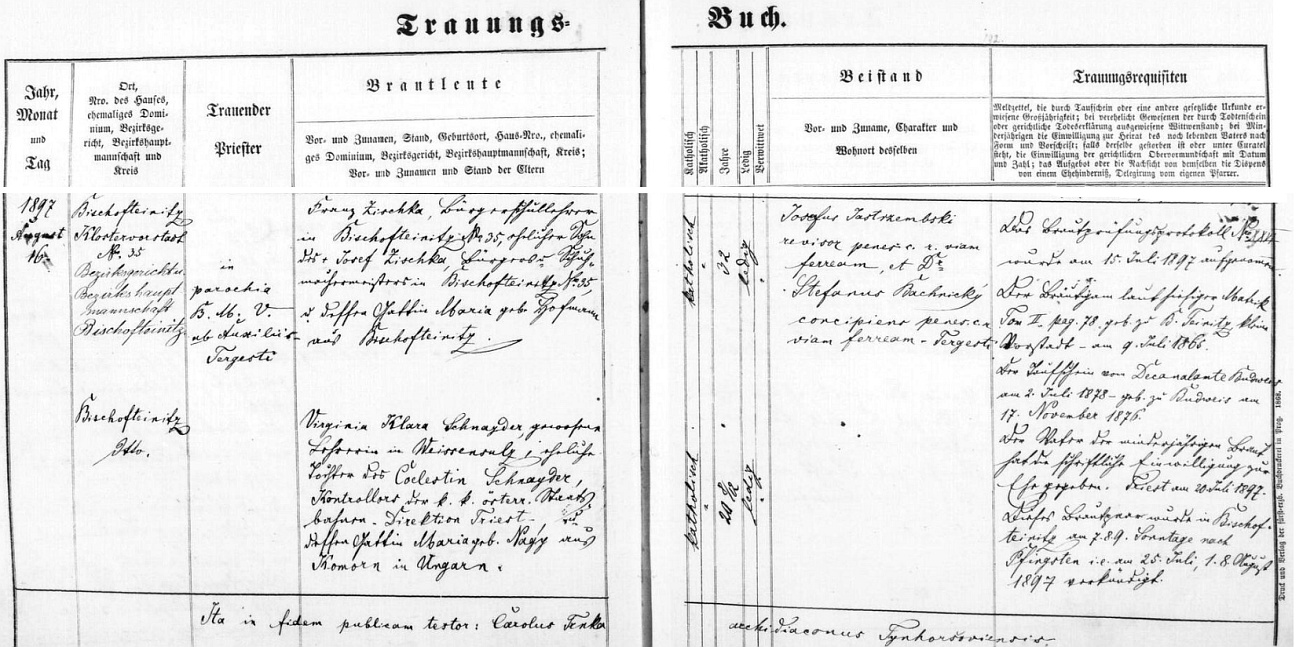 Záznam oddací matriky farní obce Horšovský Týn o zdejší svatbě jejích rodičů dne 16. srpna roku 1897 - dvaatřicetiletý ženich Franz Zischka, učitel zdejší měšťanské školy, bytem na Klášterním předměstí (Klostervorstadt) čp. 35, byl synem zdešího měšťana a mistra obuvnického Josefa Zischky a Marie, roz. Hofmannové rovněž z Horšovského Týna, dvacetiletá nevěsta Virginia Klara Schnayderová, bývalá učitelka v Bělé nad Radbuzou (Weissensulz), byla dcerou Coelestina Schnaydera, kontrolora c.k. rakouských státních drah, ředitelství Terst (Triest, italsky Trieste), a jeho ženy Marie, roz. Nagyové z Komárna (Komorn, maďarsky Komárom) v tehdejších Uhrách