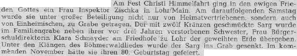 Zpráva o matčině úmrtí dne 10. května roku 1956 na svátek Nanebevstoupení Páně ve městě Lohr am Main v bavorských Dolních Frankách a o následném pohřbu i za doprovodu šumavské hymny