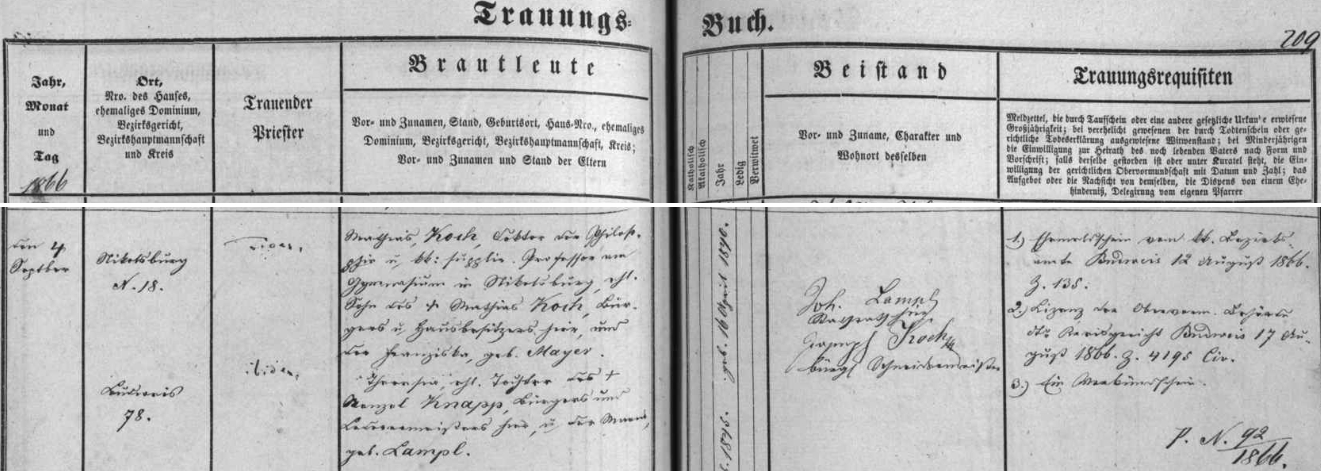 Na záznamu z českobudějovické oddací matriky ze 4. září roku 1866 o jeho první svatbě s Theresií Knappovou je jako svědek podepsán Johann Lampl (nevěstina matka byla roz. Lamplová) a jako ženichova adresa je uveden Mikulov na jižní Moravě