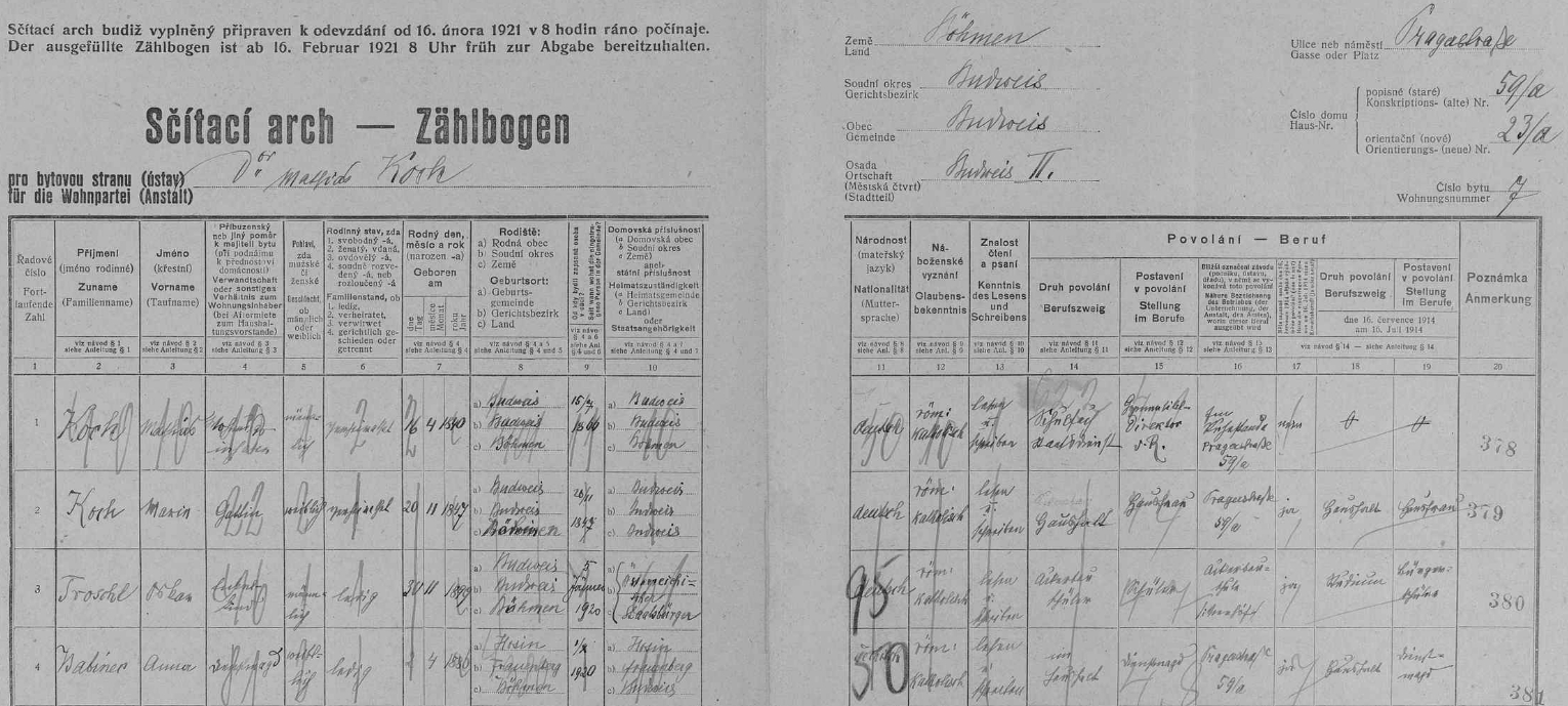 Arch sčítání lidu z roku 1921 pro dům čp. 59a na Pražské třídě. kde bydlil se svou ženou Marií (*20. listopadu 1847 v Českých Budějovicích), vnukem Oskarem Troschlem a českou služkou Annou Babinerovou z Hosína