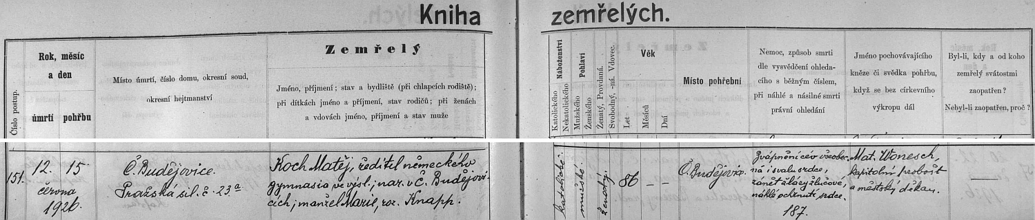 Z česky psaného záznamu v českobudějovické knize zemřelých se dovídáme příčinu úmrtí i to, že jej pochovával Mathias Wonesch