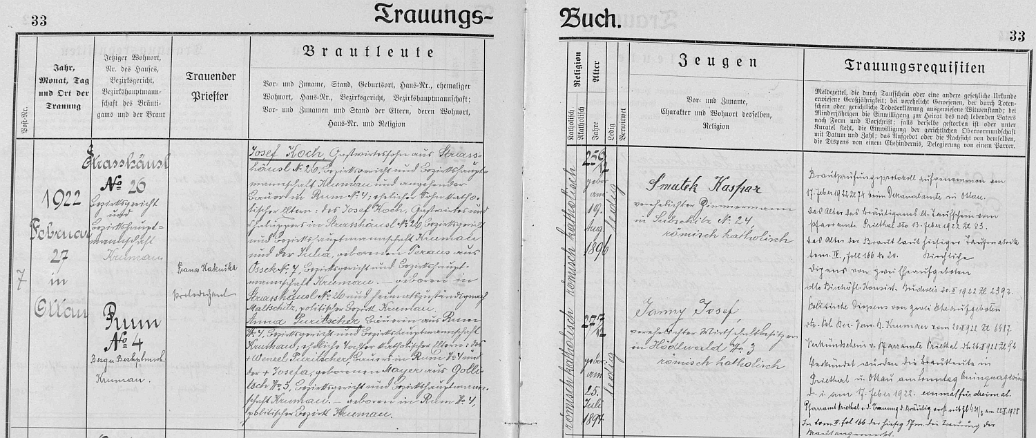 Záznam zátoňské oddací matriky o svatbě Josefa Kocha s Annou Puritscherovou