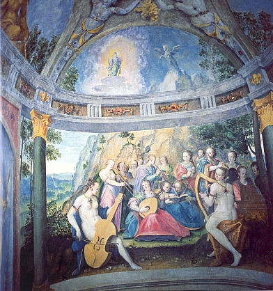 Malba na zdi hudebního výklenku Rytířského sálu na Dolním hradě v Rožmberku nad Vltavou
je datována kolem roku 1600 a zůstává renesanční památkou světového významu