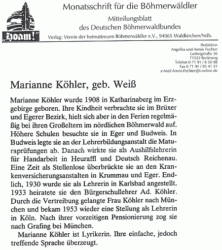 Otisk jejího životopisu z knihy Der Böhmerwald erzählt, zaslaný z redakce Hoam!