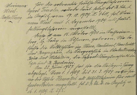 Záznam o jejím nástupu na školu v někdejším Rychnůvku (tehdy Německý Rychnov u Frymburka)
je na stránkách školní kroniky provázen i životopisem