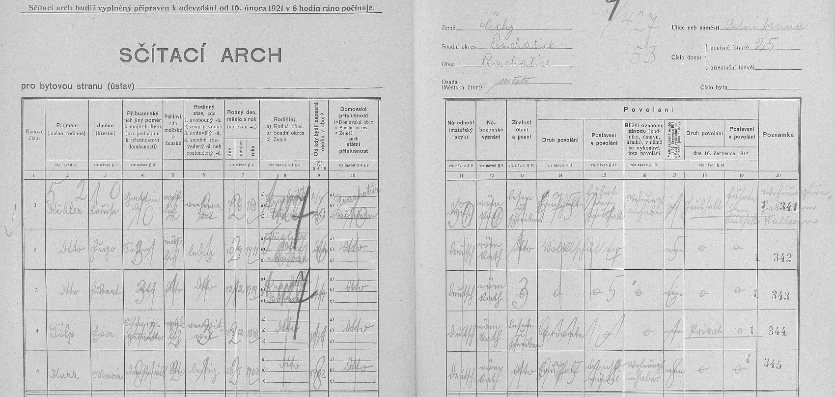Arch sčítání lidu z roku 1921 pro prachatický dům čp. 25 na adrese Dolní brána bez něho, jen se ženou a dětmi