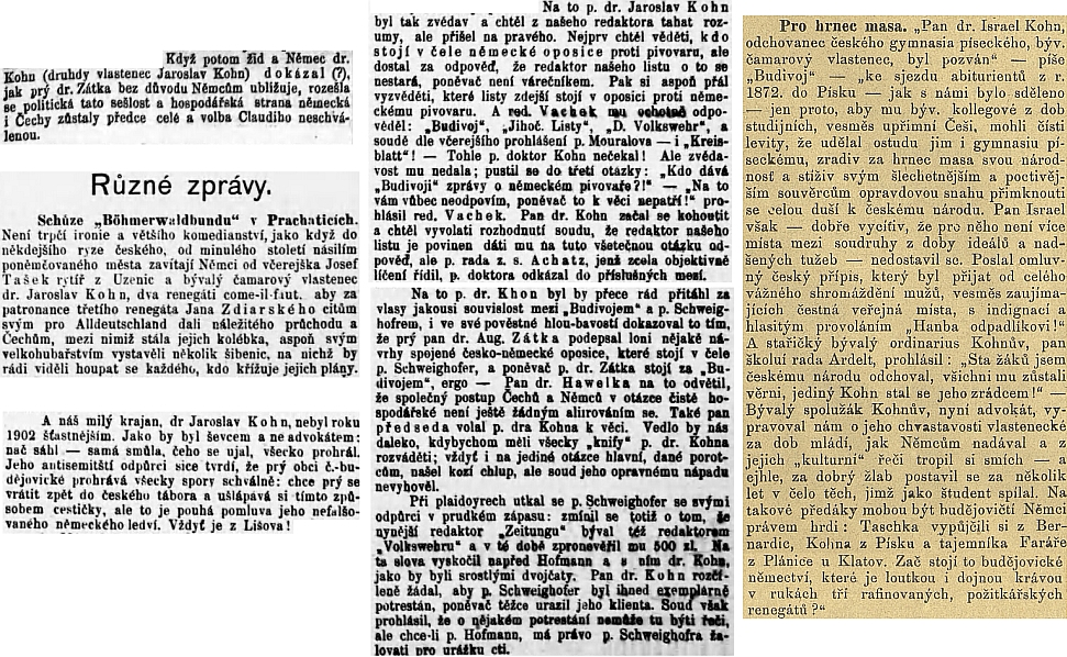 Několik dalších ukázek záštiplného psaní českých listů o něm i se zmínkami o dalších osobnostech, zastoupených na stránkách Kohoutího kříže (kromě Tascheka jsou to Claudi, Schweighofer a Zdiarsky)