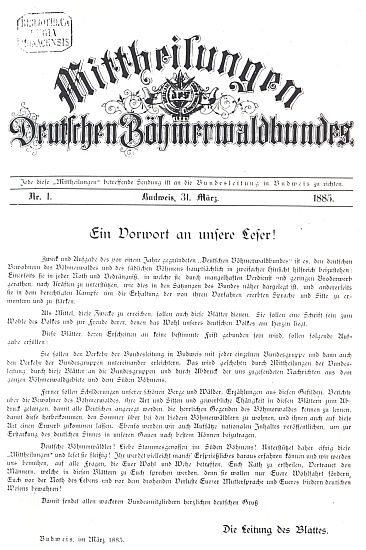 Titulní list prvého čísla "Mittheilungen des Deutschen Böhmerwaldbundes" z března roku 1885